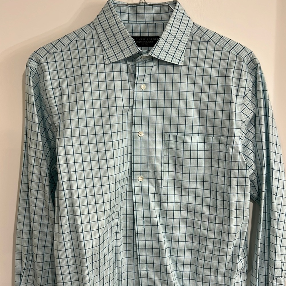 Bloomingdale’s Non-Iron Teal and Green Check Shirt Size L